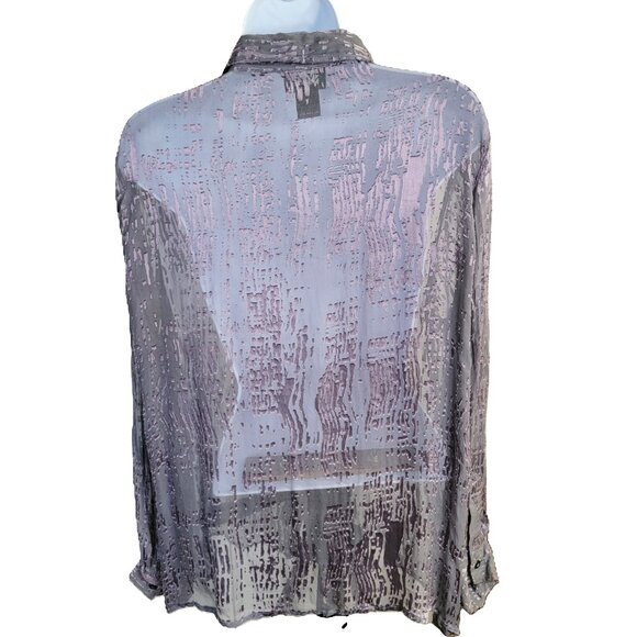 New York & Co Sheer Silk Blend Button-Up Blouse Long Sleeves Purple Gray Large - Picture 6 of 16